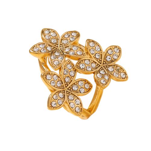 Rhinestone Stainless Steel Finger Ring, 304 Stainless Steel, Flower, fashion jewelry & for woman & with rhinestone, golden, Sold By PC