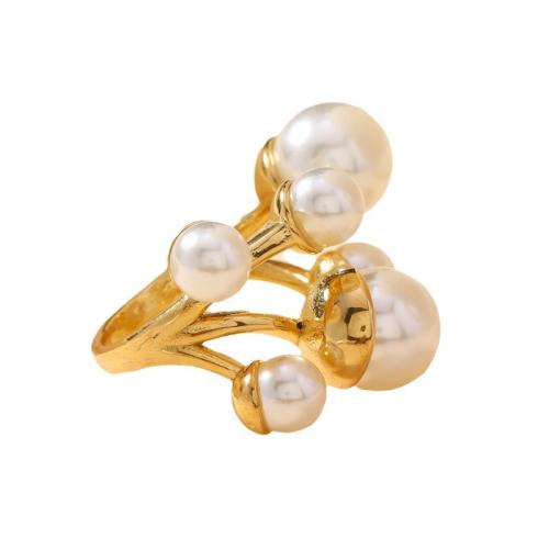 Stainless Steel Finger Ring, 304 Stainless Steel, with Plastic Pearl, fashion jewelry & for woman, golden, Sold By PC