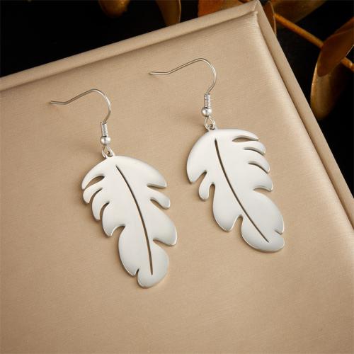 Stainless Steel Drop Earring, 304 Stainless Steel, Feather, fashion jewelry & for woman, original color, 60x23mm, Sold By Pair