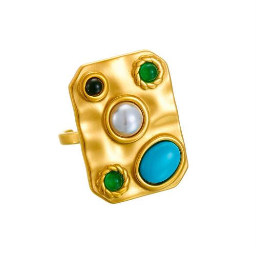 Anillo de dedo de acero inoxidable, acero inoxidable 304, con turquesa & Perlas plásticas, Joyería & para mujer, dorado, Vendido por UD