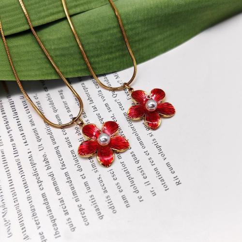 Stainless Steel Pendants 304 Stainless Steel with Plastic Pearl Flower Vacuum Ion Plating DIY & enamel red Sold By PC