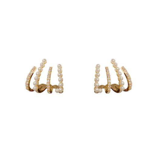 Boucles d'oreilles en laiton zircon cubique pavent, avec perle de plastique, Plaqué d'or, pavé de micro zircon & pour femme, Or, 12x14mm, Vendu par paire