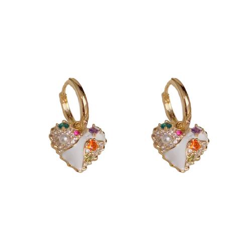 Boucles d'oreilles en laiton zircon cubique pavent, avec perle de plastique, coeur, Plaqué d'or, pavé de micro zircon & pour femme & émail, Or, 22x12mm, Vendu par paire