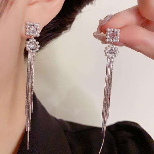 Boucles d'oreilles en laiton zircon cubique pavent, avec perle de plastique, Plaqué d'or, pavé de micro zircon & pour femme, plus de couleurs à choisir, 83x9mm, Vendu par paire