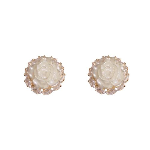 Boucles d'oreilles en laiton zircon cubique pavent, avec plastique, Pétales, Plaqué d'or, pavé de micro zircon & pour femme, blanc, 16x16mm, Vendu par paire