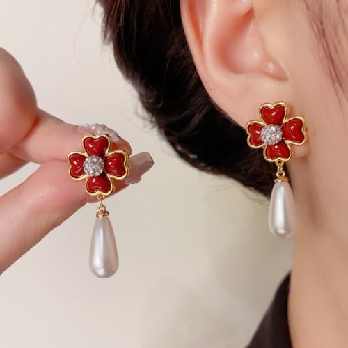 Boucles d'oreilles en laiton zircon cubique pavent, avec perle de plastique, Plaqué d'or, pavé de micro zircon & pour femme & émail, Or, 37x16mm, Vendu par paire