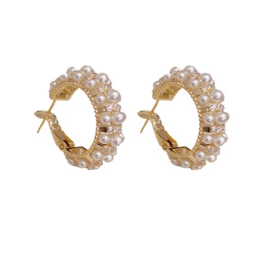 Cubic Zirconia Micro Pave Brass Earring, with Plastic Pearl, real gold plated, micro pave cubic zirconia & for woman, gold, 23x7mm, Sold By Pair