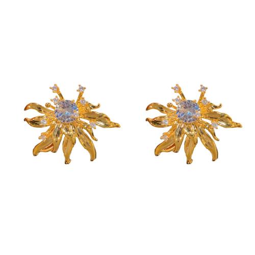 Boucles d'oreilles en laiton zircon cubique pavent, Pétales, Plaqué d'or, pavé de micro zircon & pour femme, Or, 31x27mm, Vendu par paire