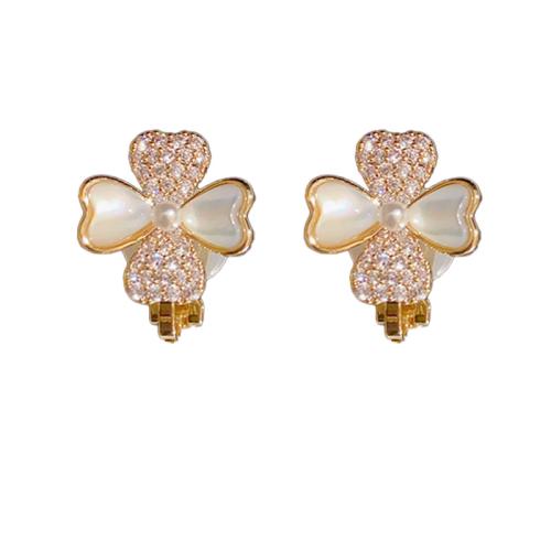 Cubic Zirconia Micro Pave Brass Earring with Shell & Plastic Pearl real gold plated micro pave cubic zirconia & for woman Sold By Pair