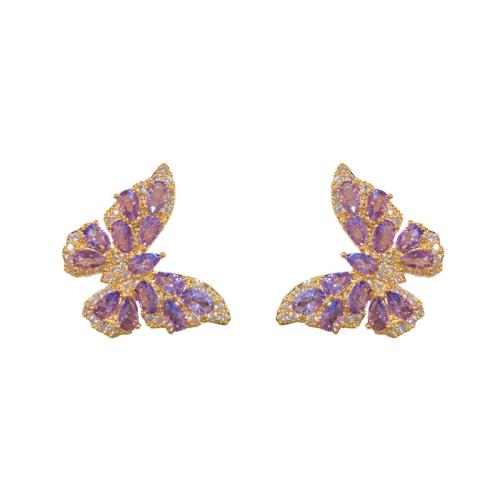 Boucles d'oreilles en laiton zircon cubique pavent, papillon, Plaqué d'or, pavé de micro zircon & pour femme, plus de couleurs à choisir, 25x17mm, Vendu par paire