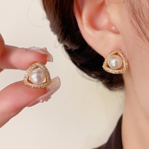 Boucles d'oreilles en laiton zircon cubique pavent, avec perle de plastique, Plaqué d'or, pavé de micro zircon & pour femme, Or, 12x12mm, Vendu par paire