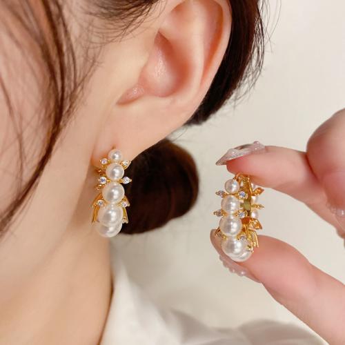 Cubic Zirconia Micro Pave Brass Earring, with Plastic Pearl, real gold plated, micro pave cubic zirconia & for woman, gold, 25x9mm, Sold By Pair