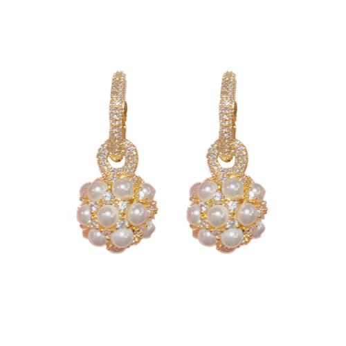 Boucles d'oreilles en laiton zircon cubique pavent, avec perle de plastique, Plaqué d'or, pavé de micro zircon & pour femme, Or, 35x15mm, Vendu par paire