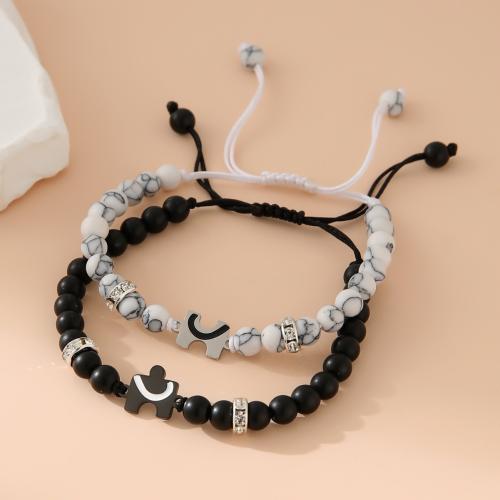 Gemstone Bracelets, 304 Stainless Steel, with Magnesite & Abrazine Stone & Polyester Cord, 2 pieces & Unisex & different size for choice & micro pave cubic zirconia, white and black, Sold By Set