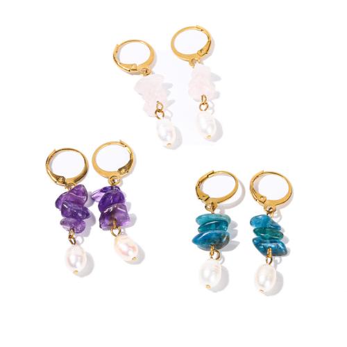 Gemstone Huggie Hoop Drop Earring, with Plastic Pearl & 304 Stainless Steel, irregular, different materials for choice & for woman, 40mm, Sold By Pair