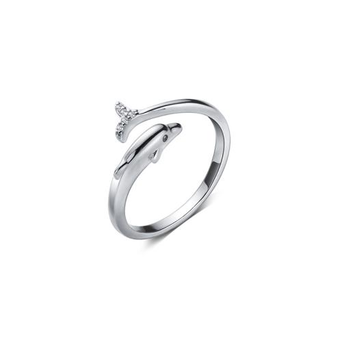 925 Sterling Silver Cuff Finger Ring, Dolphin, platinum plated, for woman & with rhinestone, US Ring Size:7-9, Sold By PC