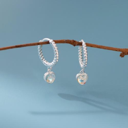 925 Sterling Silver Huggie Hoop Drop Earring, with Glass, Heart, Korean style & for woman, 17mm, Sold By Pair