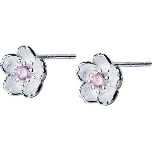 925 Sterling Silver Stud Earring, Flower, Korean style & for woman & with rhinestone, 8mm, Sold By Pair