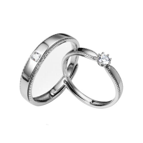 925 Sterling Silver Couple Ring, 2 pieces & Korean style & adjustable & for couple & with rhinestone, US Ring Size:6-10.5, Sold By Set