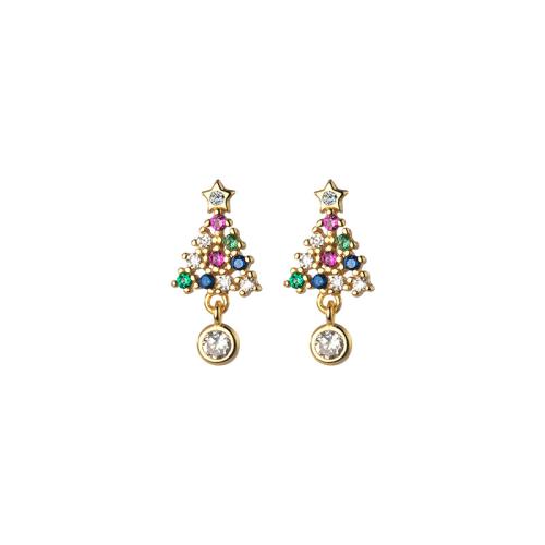 Plata de ley 925 Pendientes con Colgantes, Árbol de Navidad, chapado en color dorado, Joyas de Navidad & para mujer & con diamantes de imitación, 7x15mm, Vendido por Par