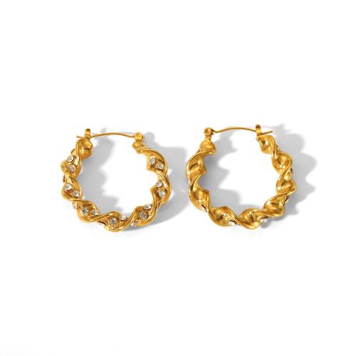 Stainless Steel Hoop Earring, 304 Stainless Steel, fashion jewelry & for woman & with rhinestone, golden, 35x33mm, Sold By Pair