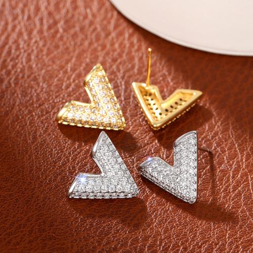 Cubic Zirconia Micro Pave Brass Earring, Letter V, fashion jewelry & micro pave cubic zirconia & for woman, more colors for choice, 14x17mm, Sold By Pair