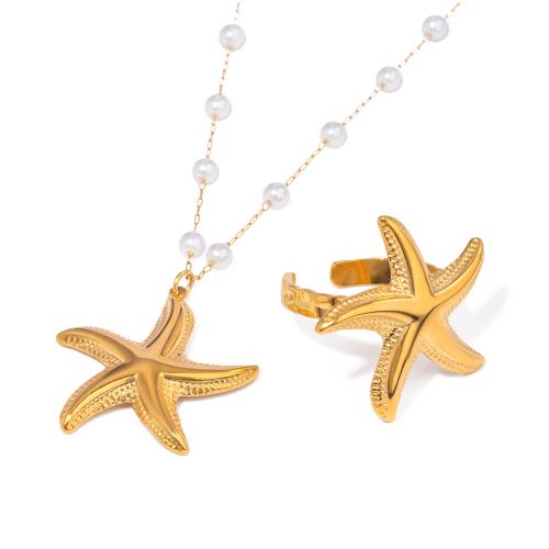 Fashion Stainless Steel Jewelry Sets 304 Stainless Steel with Plastic Pearl with 5cm extender chain Starfish Vacuum Ion Plating fashion jewelry & for woman golden Length Approx 40 cm Sold By PC