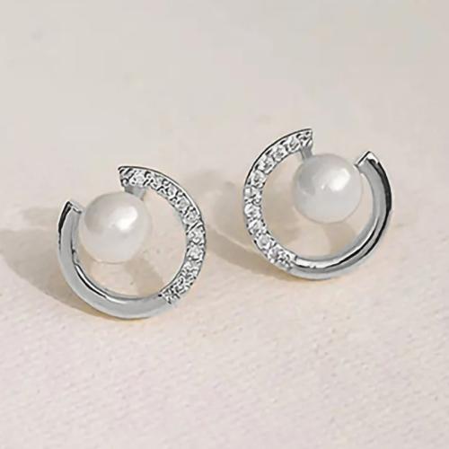 Boucles d'oreilles en laiton zircon cubique pavent, avec perle de plastique, bijoux de mode & pavé de micro zircon & pour femme, plus de couleurs à choisir, 11mm, Vendu par paire