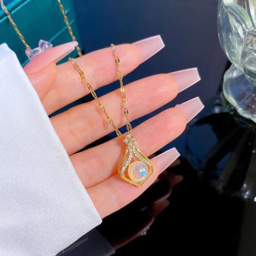 Titanium Steel Necklace with Plastic Pearl with 5cm extender chain gold color plated fashion jewelry & with rhinestone golden Length 40 cm Sold By PC