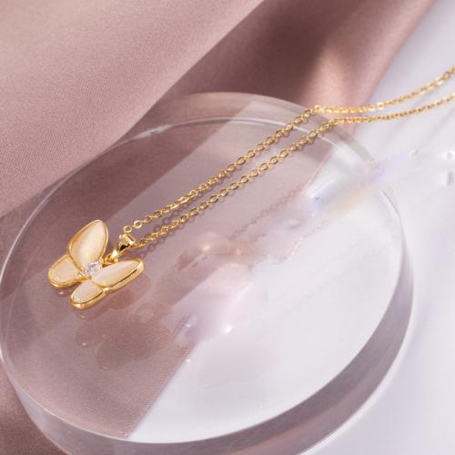 Titanium Steel Necklace with Cats Eye with 5cm extender chain Butterfly gold color plated fashion jewelry & with rhinestone golden Length 40 cm Sold By PC