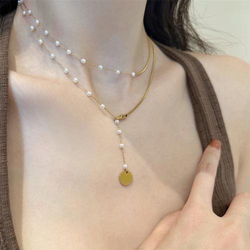 Titanium Steel Necklace, with Plastic Pearl, gold color plated, Double Layer & fashion jewelry, golden, Length:40 cm, Sold By PC