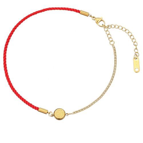 Bracelet d'acier titane, avec corde en nylon, avec 5cm chaînes de rallonge, Placage de couleur d'or, bijoux de mode, rouge, Longueur 20 cm, Vendu par PC