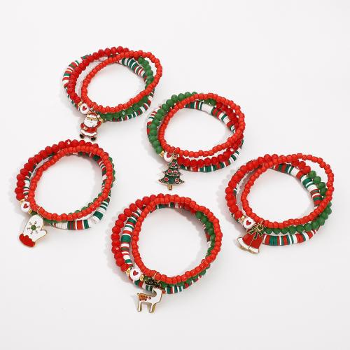 Christmas Holiday Bracelet, Polymer Clay, with Seedbead & Crystal & Copper Coated Plastic & Tibetan Style, handmade, Christmas Design & three pieces & Unisex & different styles for choice, mixed colors, Sold By Set