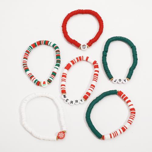 Bracelet de vacances de Noël, argile de polymère, avec plastique revêtu de cuivre & plastique, fait à la main, 6 pièces & Conception de Noël & unisexe, couleurs mélangées, Vendu par fixé