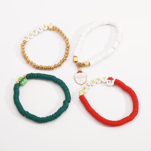 Pulsera de Navidad, Arcilla polimero, con plástico recubierto de cobre & Plástico & aleación de zinc, hecho a mano, 4 piezas & Diseño de Navidad & para mujer, color mixto, Vendido por Set