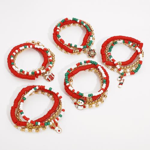 Christmas Holiday Bracelet, Polymer Clay, with Seedbead & Copper Coated Plastic & Plastic Pearl & Tibetan Style, handmade, 4 pieces & Christmas Design & Unisex & different styles for choice, mixed colors, Sold By Set