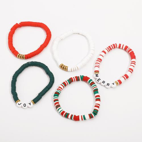 Pulsera de Navidad, Arcilla polimero, con plástico recubierto de cobre & Plástico, hecho a mano, 5 piezas & Diseño de Navidad & para mujer, color mixto, Vendido por Set