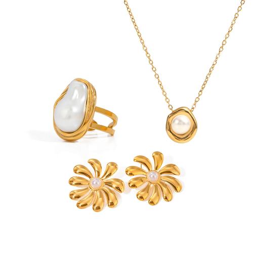 Conjuntos de joyería de acero inoxidable, acero inoxidable 304, con Perlas plásticas, chapado, diferentes estilos para la opción & para mujer, dorado, Vendido por UD