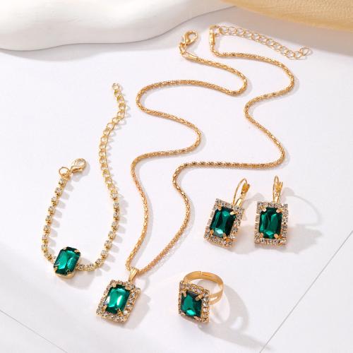 Tibetan Style Jewelry Sets, finger ring & bracelet & earring & necklace, plated, 4 pieces & for woman & with rhinestone, more colors for choice, Sold By Set