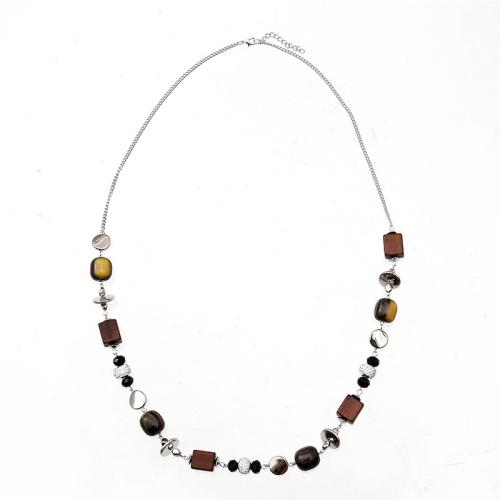 Tibetan Style Sweater Chain Necklace, with Wood & Resin & Copper Coated Plastic, plated, for woman, silver color, Length:Approx 85 cm, Sold By PC