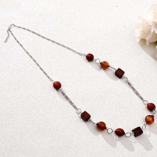 Zinc Alloy Sweater Chain Necklace with Wood & Resin plated for woman brown Length Approx 90 cm Sold By PC