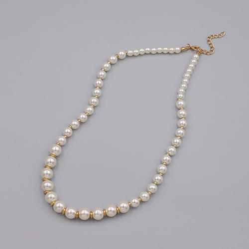 Collier de bijoux en alliage de zinc, avec perle de verre & plastique revêtu de cuivre, avec 5CM chaînes de rallonge, Placage, pour femme, blanc, Longueur Environ 48 cm, Vendu par PC