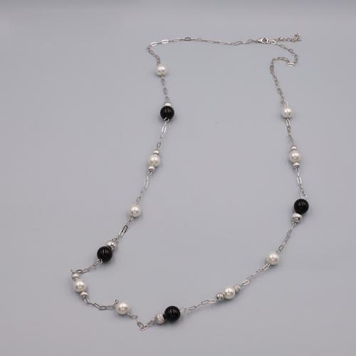 Tibetan Style Sweater Chain Necklace, with Copper Coated Plastic & Plastic Pearl, with 5CM extender chain, plated, for woman, silver color, Length:Approx 93 cm, Sold By PC