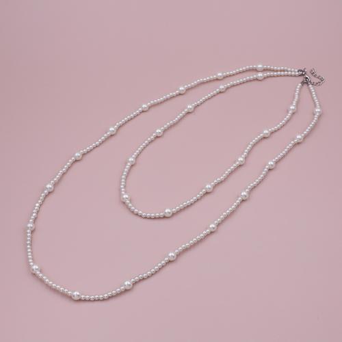 Zink Alloy tröja kedja halsband, med Glass Pearl, plated, för kvinna, vit, Length approx. 55CM and 80CM and 5CM extension chain, Säljs av PC