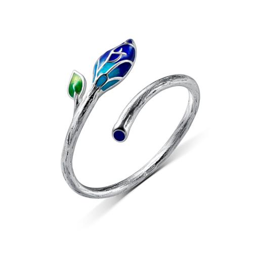 925 Sterling Silver Cuff Finger Ring, Leaf, Korean style & for woman & enamel, US Ring Size:5.5-8, Sold By PC