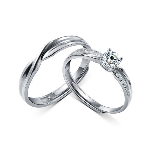 925 Sterling Silver Couple Ring, platinum plated, 2 pieces & adjustable & for couple & with rhinestone, US Ring Size:6.5-9, Sold By Set