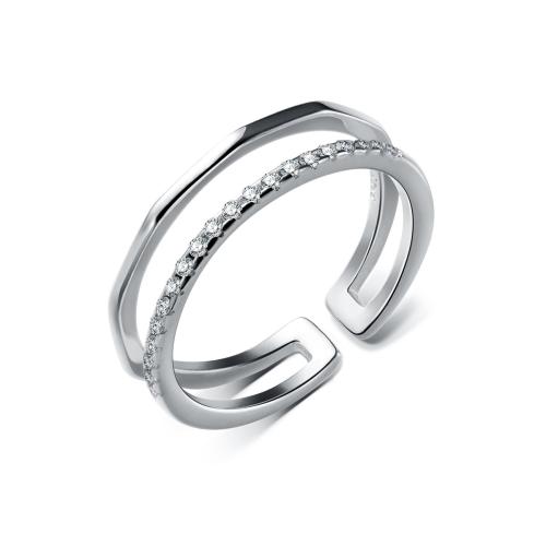 Plata de ley 925 Anillo de dedo Cuff, chapado en platina real, Estilo coreano & para mujer & con diamantes de imitación & hueco, tamaño:4.5-7, Vendido por UD