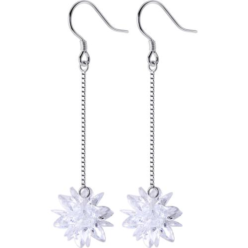 Argent sterling 925 Boucle d'oreille goutte, avec cristal, fleur, Style coréen & pour femme, 12x55mm, Vendu par paire