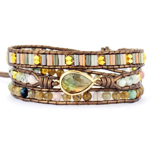 Gemstone Bracelets, Natural Stone, with leather cord, fashion jewelry & multilayer & for woman, Length:Approx 18 cm, Sold By PC