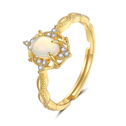 Brass Finger Ring, with Sea Opal, fashion jewelry & for woman & with rhinestone, golden, Inner diameter 17mm, Sold By PC